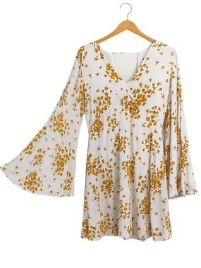 Funky Soul Floral Bell Sleeve Mini Dress White Mustard Boho Cottagecore L